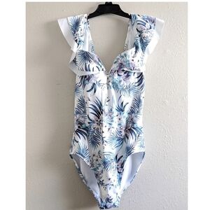NEW White Blue Floral Ruffle Silver Shimmer Open Back One Piece Bathing Suit NWT